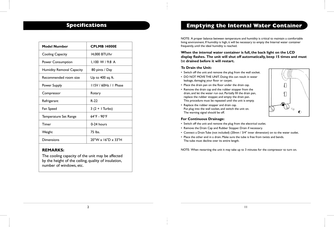 Amcor CPLMB 14000E owner manual Specifications, Emptying the Internal Water Container, Model Number Cplmb 14000E 