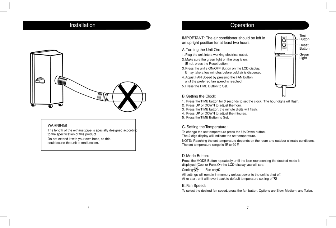 Amcor CPLMB 14000E owner manual Installation Operation, Setting the Clock, Setting the Temperature, Mode Button, Fan Speed 