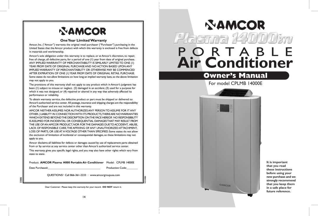 Amcor owner manual OneYear Limited Warranty, Air Conditioner, P O R T A B L E, For model CPLMB 14000E 
