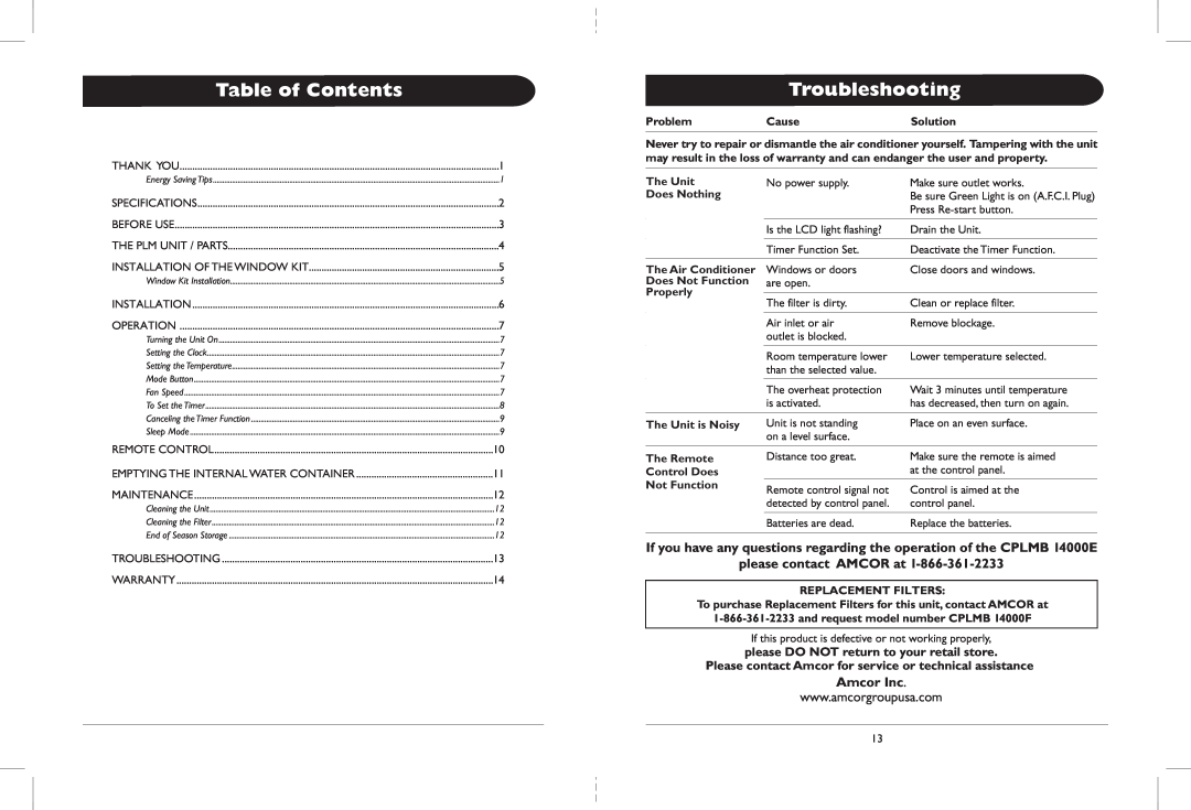 Amcor CPLMB 14000E owner manual Table of Contents, Troubleshooting, please contact AMCOR at, Amcor Inc 