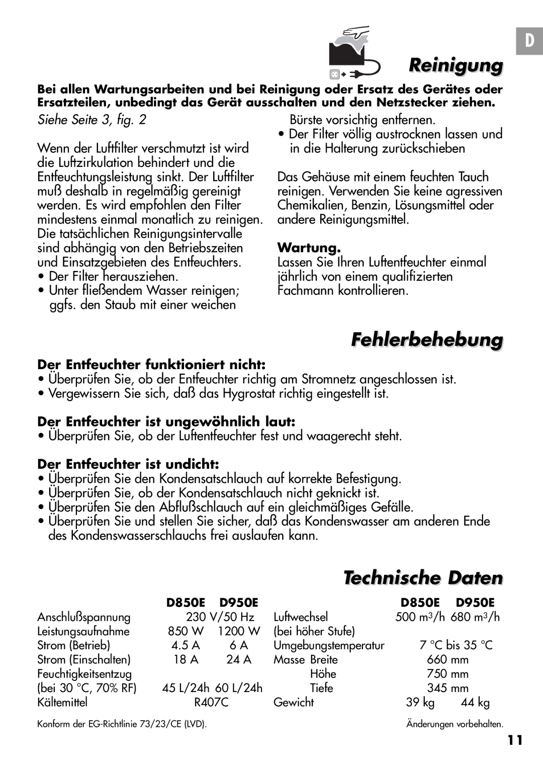 Amcor D950E, D850E instruction manual Reinigung, Fehlerbehebung, Technische Daten 