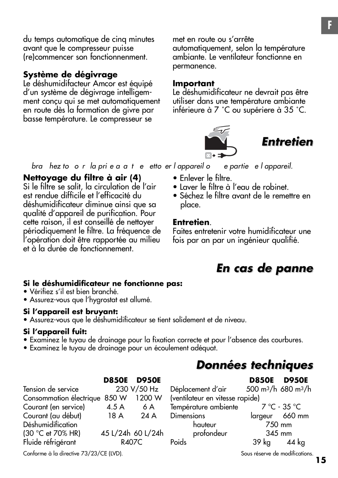 Amcor D950E, D850E instruction manual Entretien, En cas de panne, Données techniques 