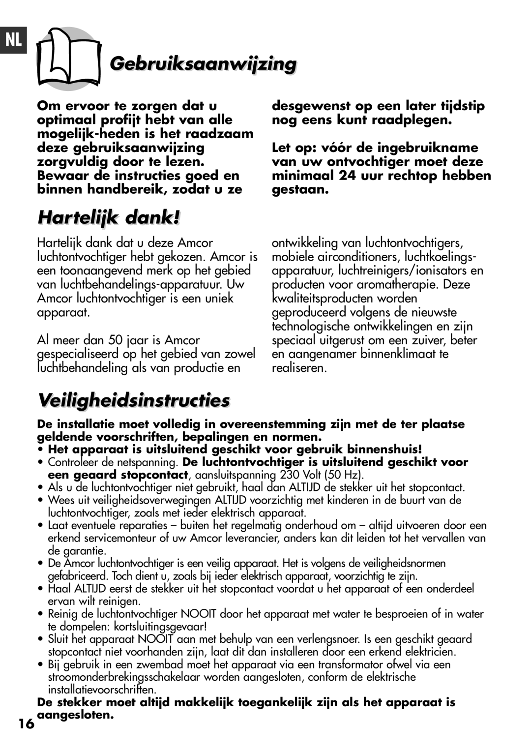 Amcor D850E, D950E instruction manual Gebruiksaanwijzing, Hartelijk dank, Veiligheidsinstructies 