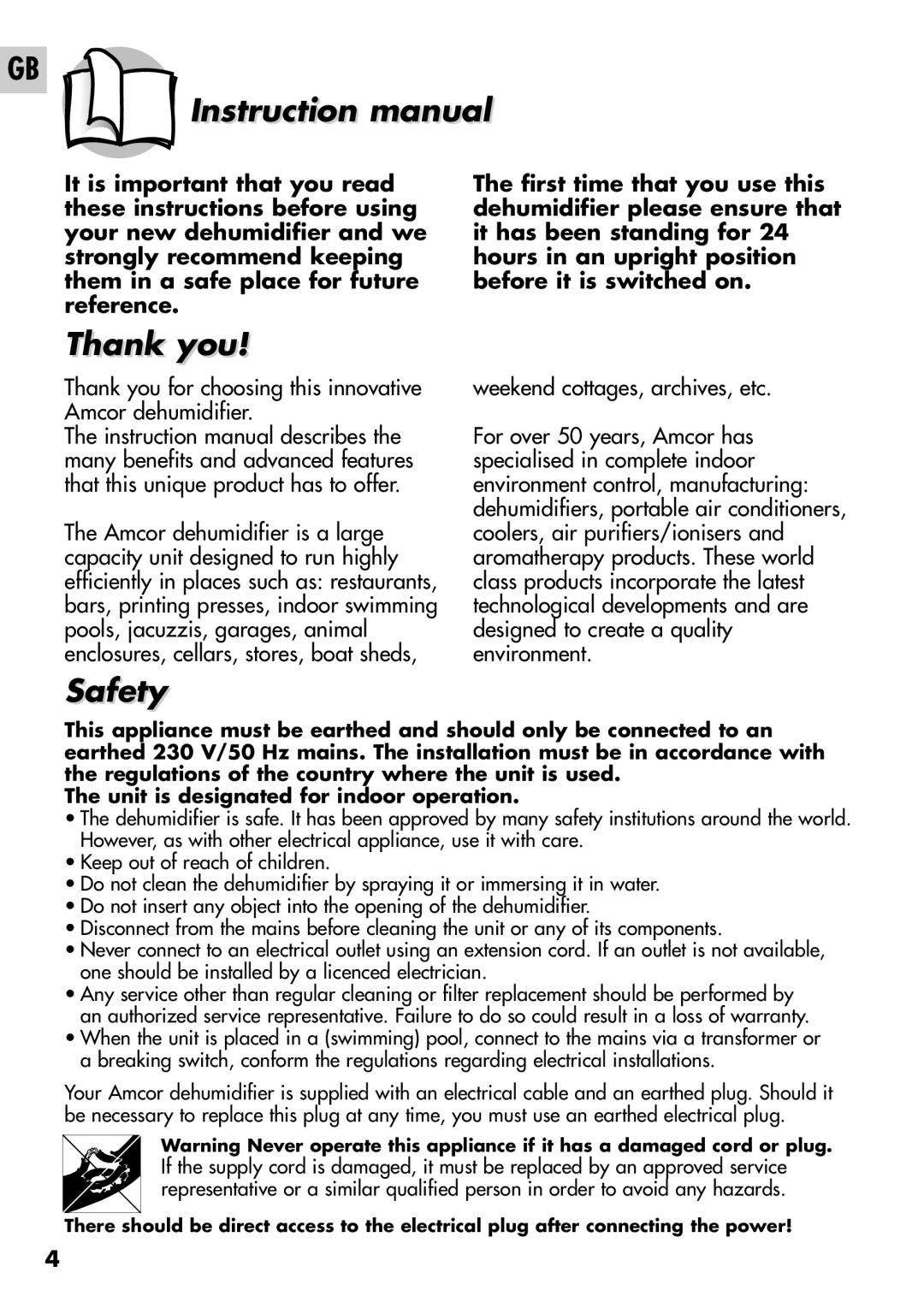 Amcor D850E, D950E instruction manual Thank you, Safety 