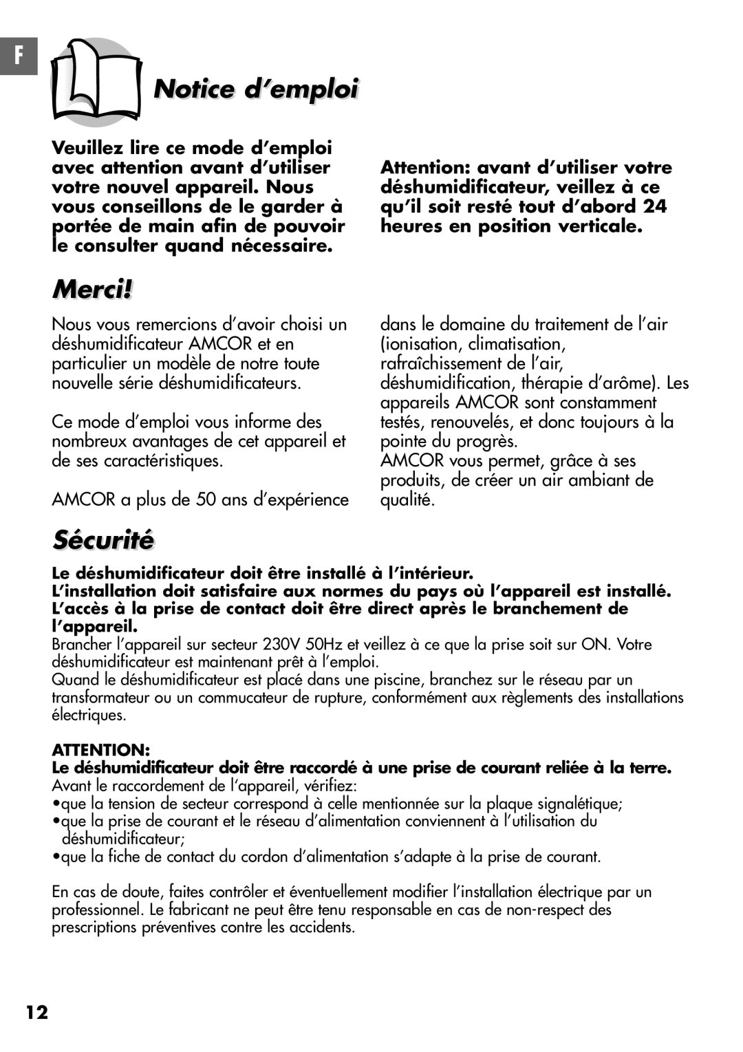 Amcor D850E, D950E instruction manual Notice d’emploi, Merci, Sécurité 