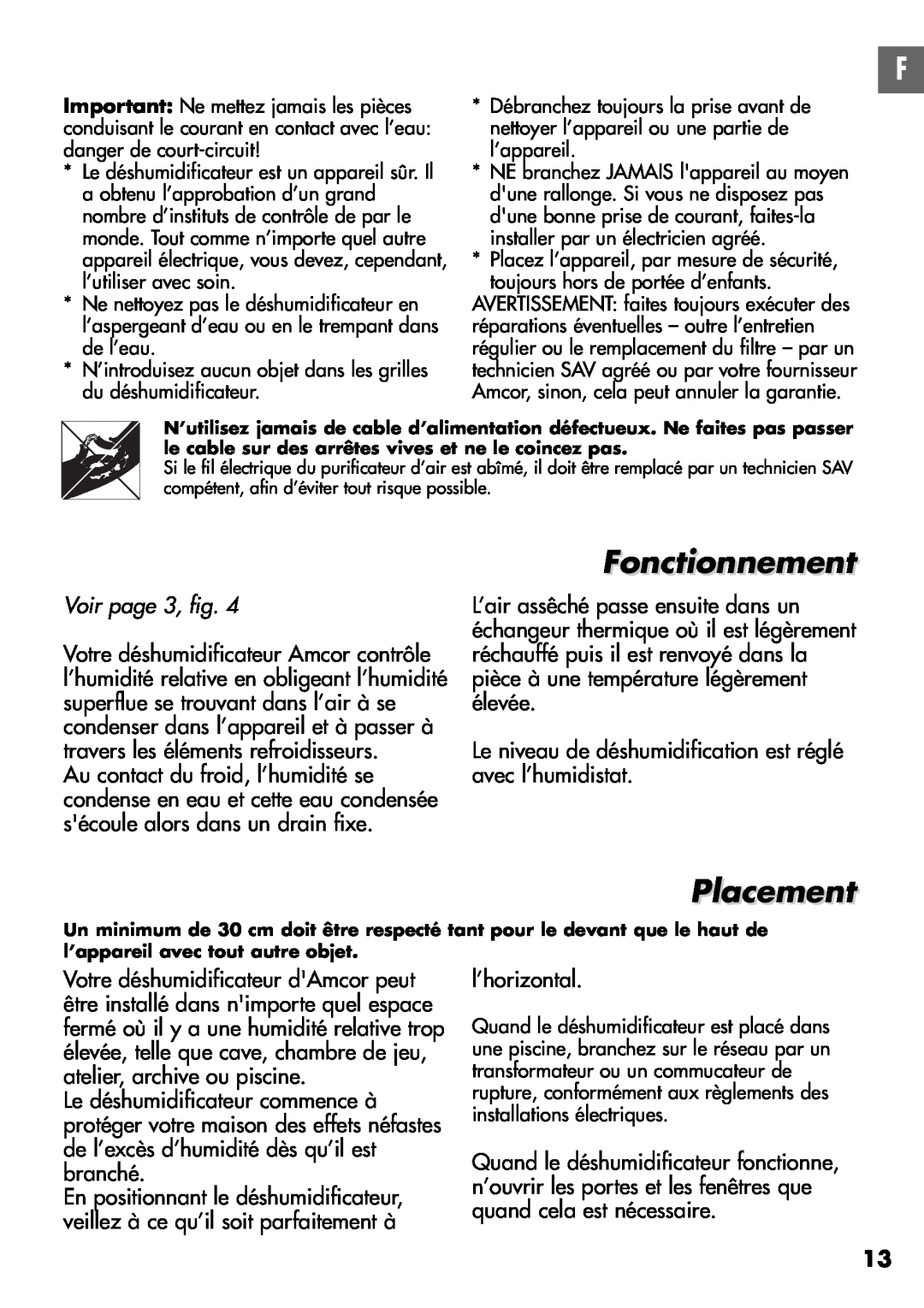Amcor D950E, D850E instruction manual Fonctionnement, Placement, Voir page 3, fig 