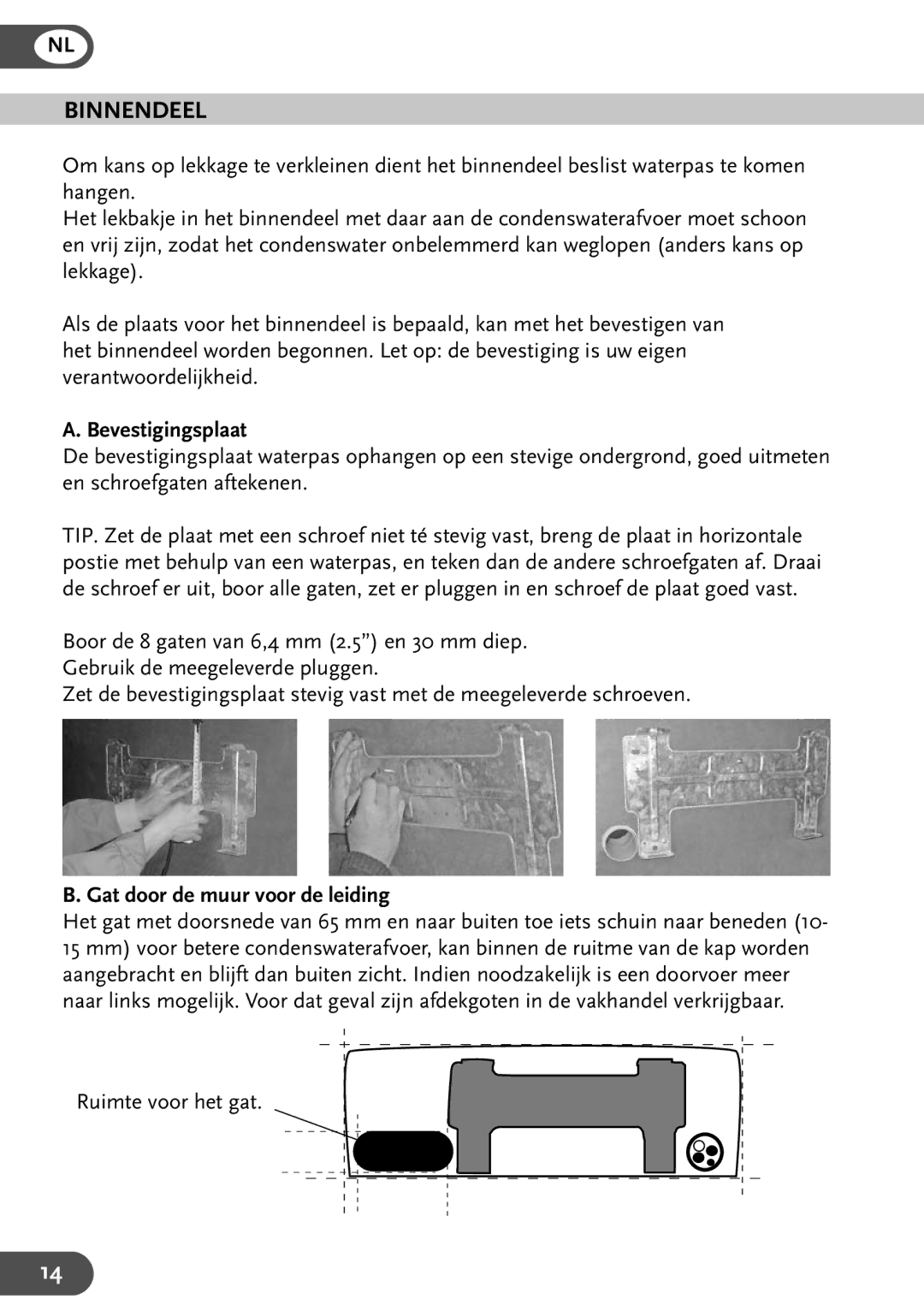 Amcor HW9KE, HWAM12KE, HWAM9KE, HW12KE user manual Binnendeel, Bevestigingsplaat, Gat door de muur voor de leiding 