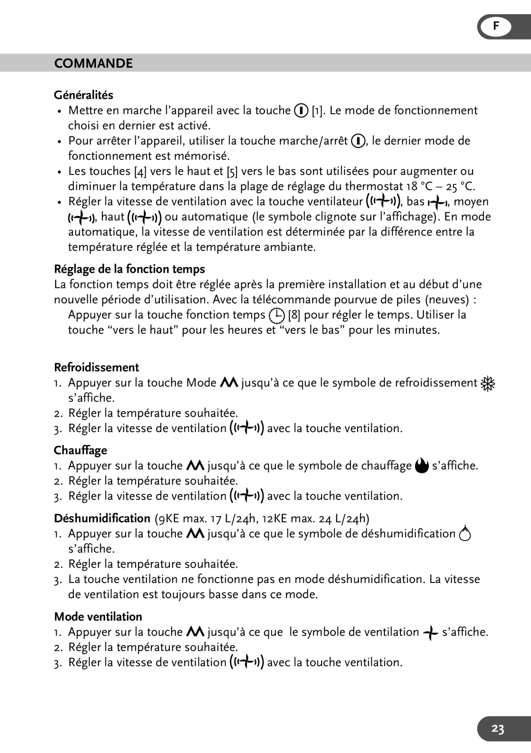 Amcor HW12KE, HWAM12KE, HWAM9KE Commande, Généralités, Réglage de la fonction temps, Refroidissement, Mode ventilation 