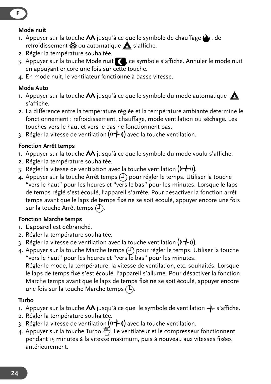 Amcor HWAM12KE, HWAM9KE, HW9KE, HW12KE user manual Mode nuit, Mode Auto, Fonction Arrêt temps, Fonction Marche temps 