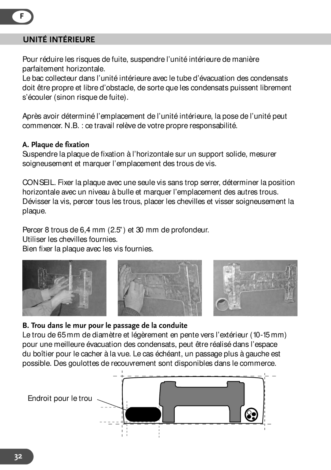 Amcor HWAM12KE, HWAM9KE, HW9KE, HW12KE Unité Intérieure, Plaque de fixation, Trou dans le mur pour le passage de la conduite 