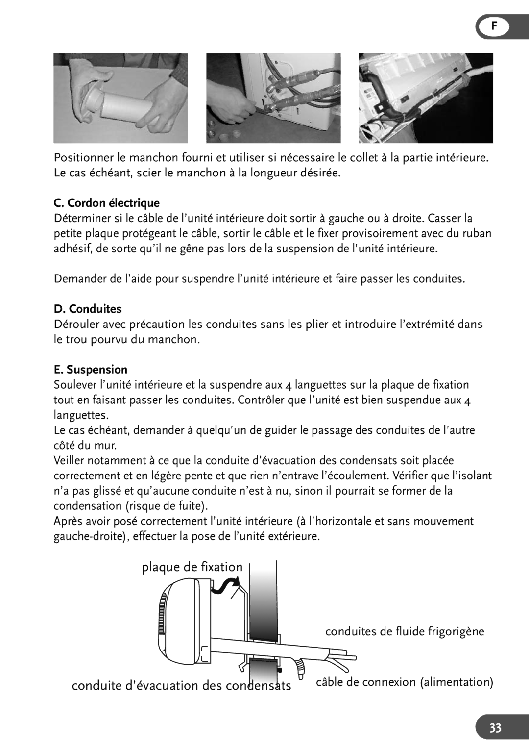 Amcor HWAM9KE, HWAM12KE, HW9KE, HW12KE user manual Cordon électrique, Conduites, Suspension 