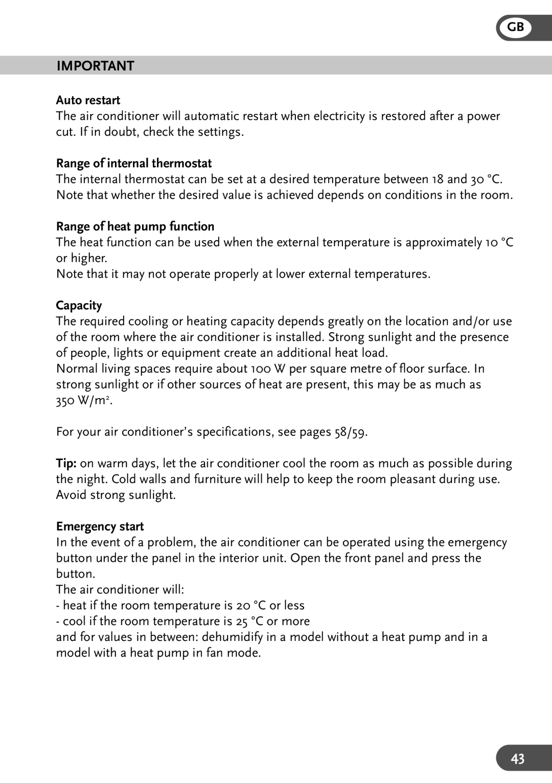 Amcor HW12KE, HWAM12KE, HWAM9KE, HW9KE Range of internal thermostat, Range of heat pump function, Capacity, Emergency start 