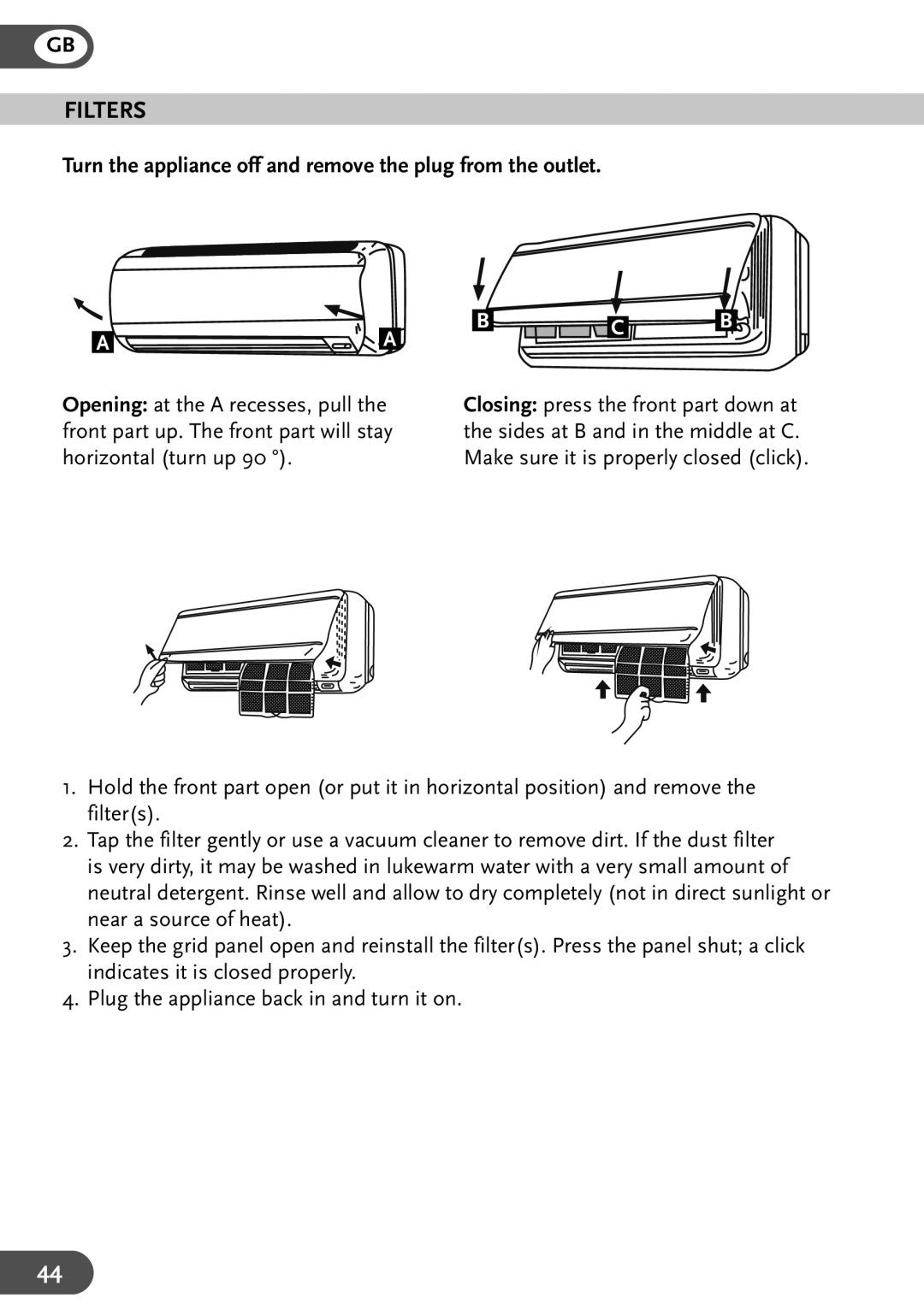 Amcor HWAM12KE, HWAM9KE, HW9KE, HW12KE user manual Filters, Turn the appliance off and remove the plug from the outlet 