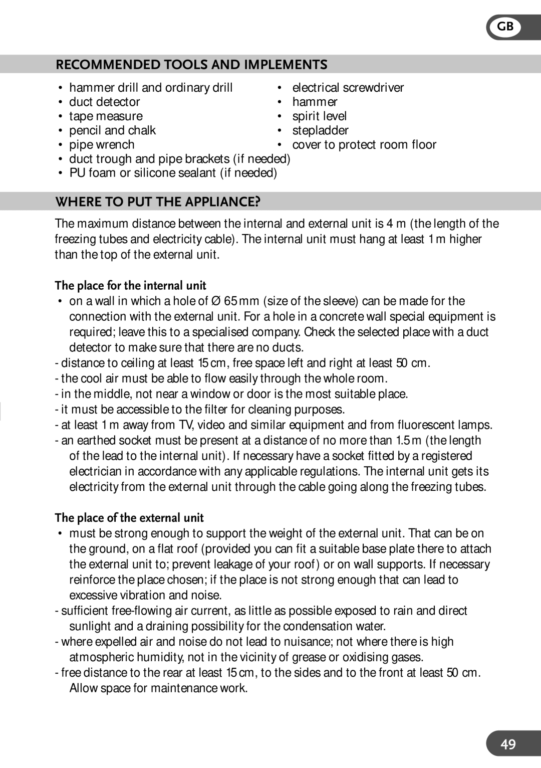 Amcor HWAM9KE, HWAM12KE, HW9KE Recommended Tools and Implements, Where to PUT the APPLIANCE?, Place for the internal unit 