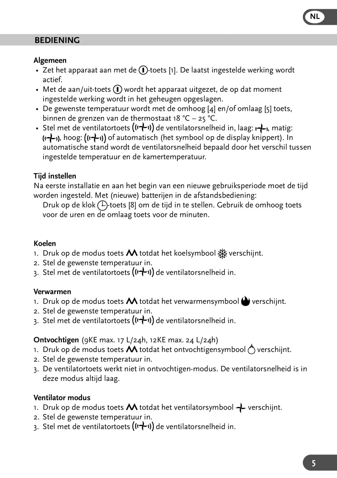 Amcor HWAM9KE, HWAM12KE, HW9KE, HW12KE user manual Bediening, Algemeen, Tijd instellen, Koelen, Ventilator modus 