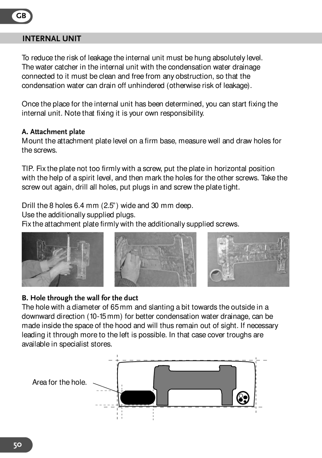 Amcor HW9KE, HWAM12KE, HWAM9KE, HW12KE user manual Internal Unit, Attachment plate, Hole through the wall for the duct 