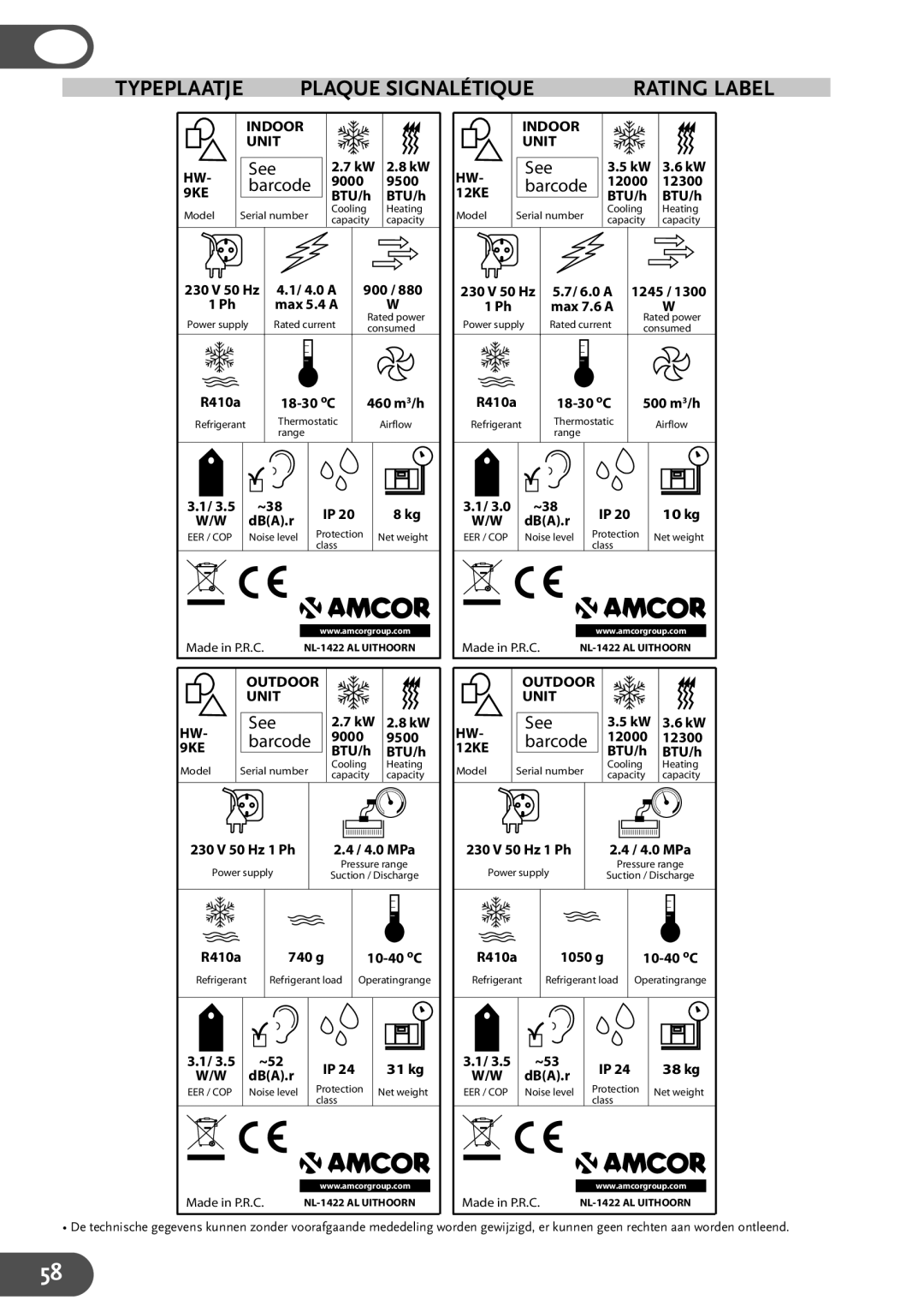 Amcor HW9KE, HWAM12KE, HWAM9KE, HW12KE user manual Plaque Signalétique Rating Label 