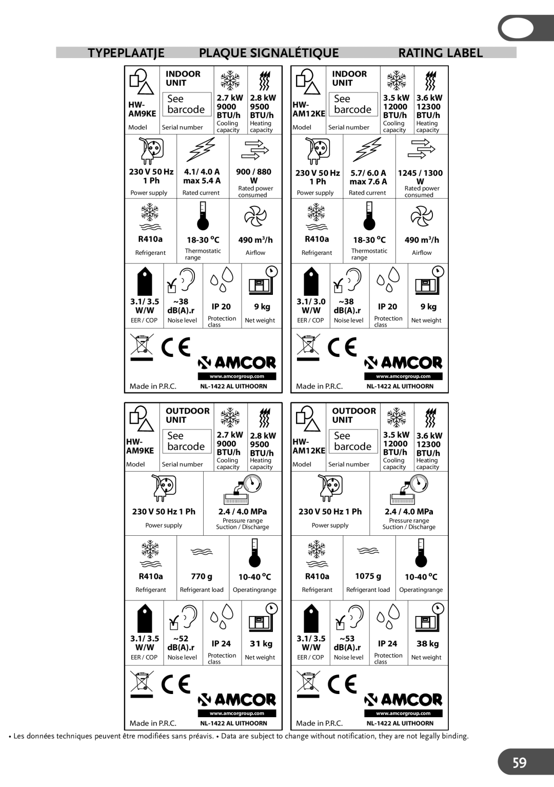 Amcor HW12KE, HWAM12KE, HWAM9KE, HW9KE user manual Plaque Signalétique 