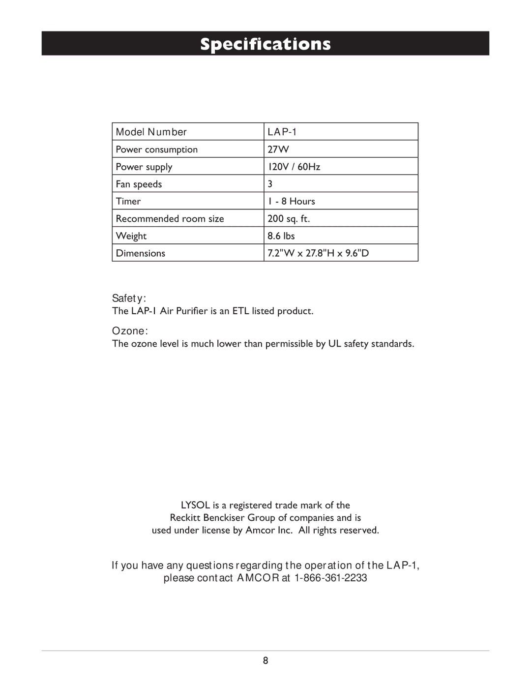 Amcor owner manual Specifications, Model Number LAP-1, Ozone 