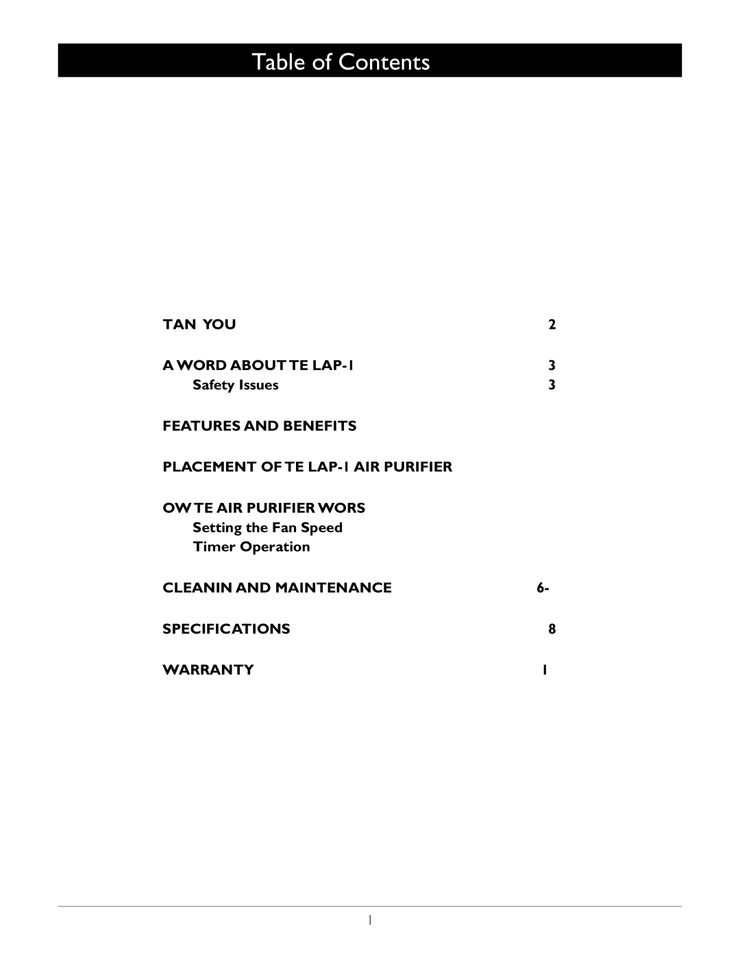 Amcor LAP-1 owner manual Table of Contents 