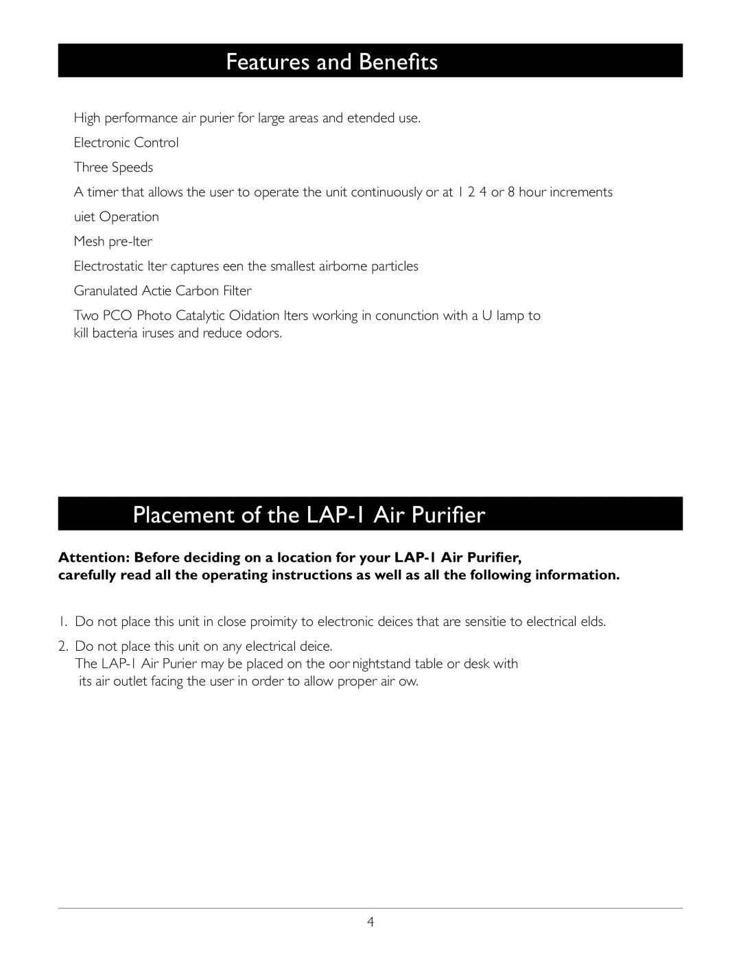 Amcor owner manual Features and Benefits, Placement of the LAP-1 Air Purifier 