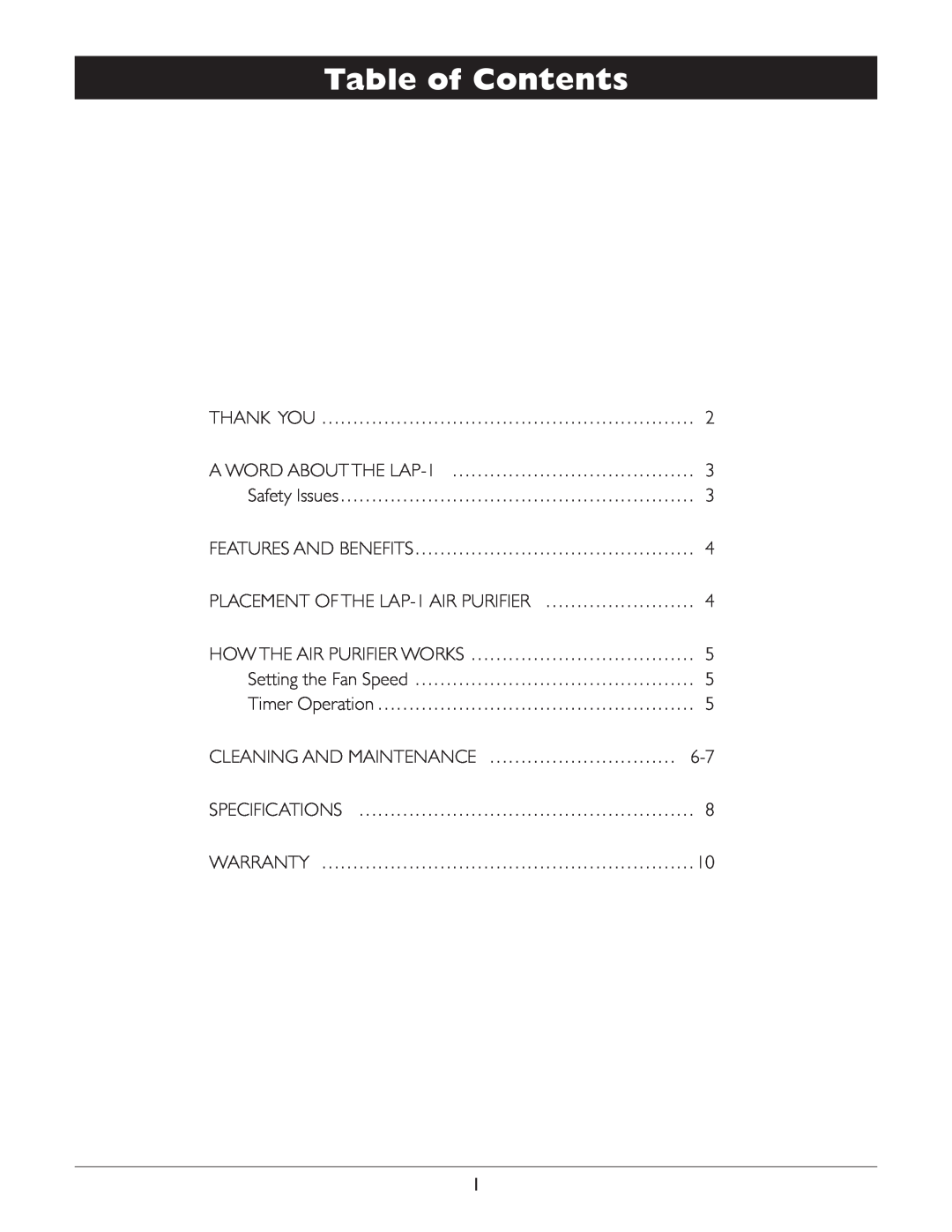 Amcor LAP-1 owner manual Table of Contents 