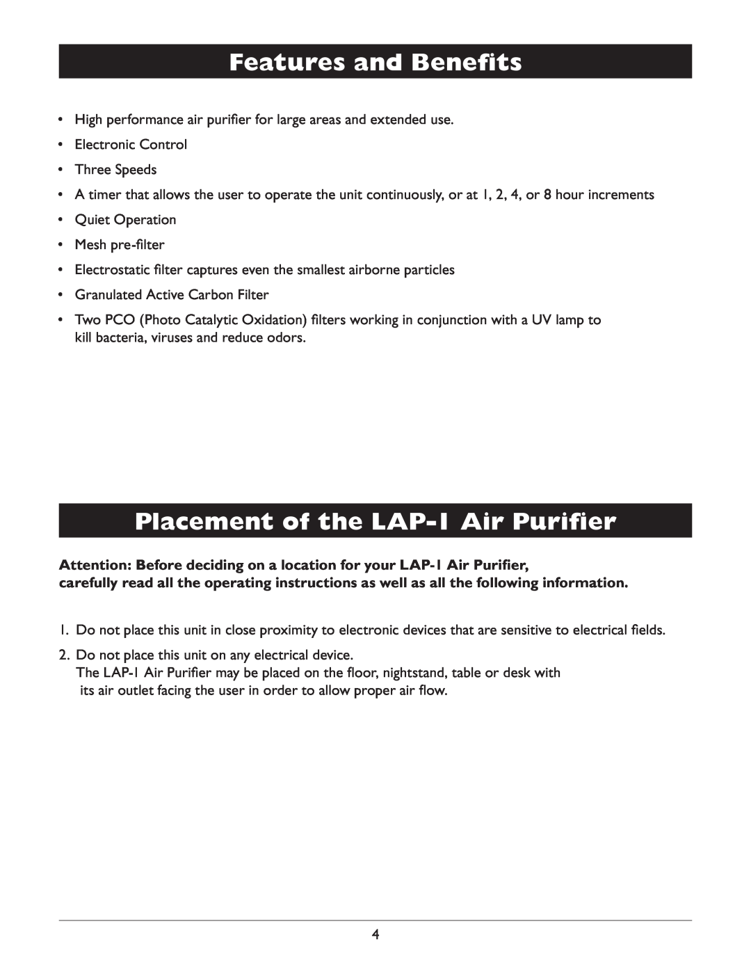 Amcor owner manual Features and Benefits, Placement of the LAP-1Air Purifier 