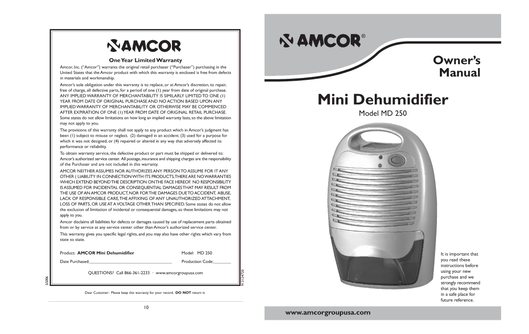 Amcor MD250 owner manual Mini Dehumidifier 