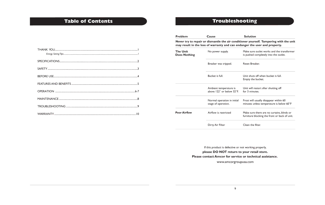 Amcor MD250 owner manual Table of Contents, Troubleshooting 