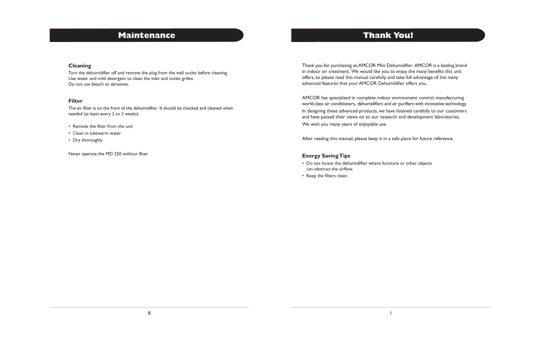 Amcor MD250 owner manual Maintenance, Thank You, Cleaning, Filter, Energy Saving Tips 