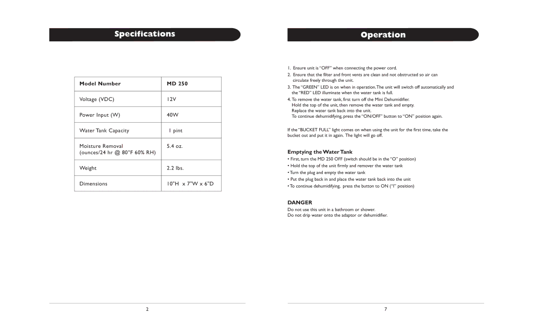 Amcor MD250 owner manual Specifications, Operation, Model Number, Emptying the Water Tank 