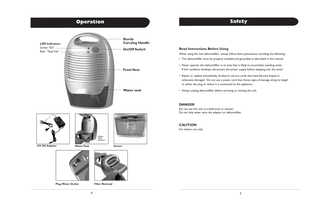 Amcor MD250 owner manual Safety, Sturdy, On/Off Switch, Front Vent Water tank, Read Instructions Before Using 