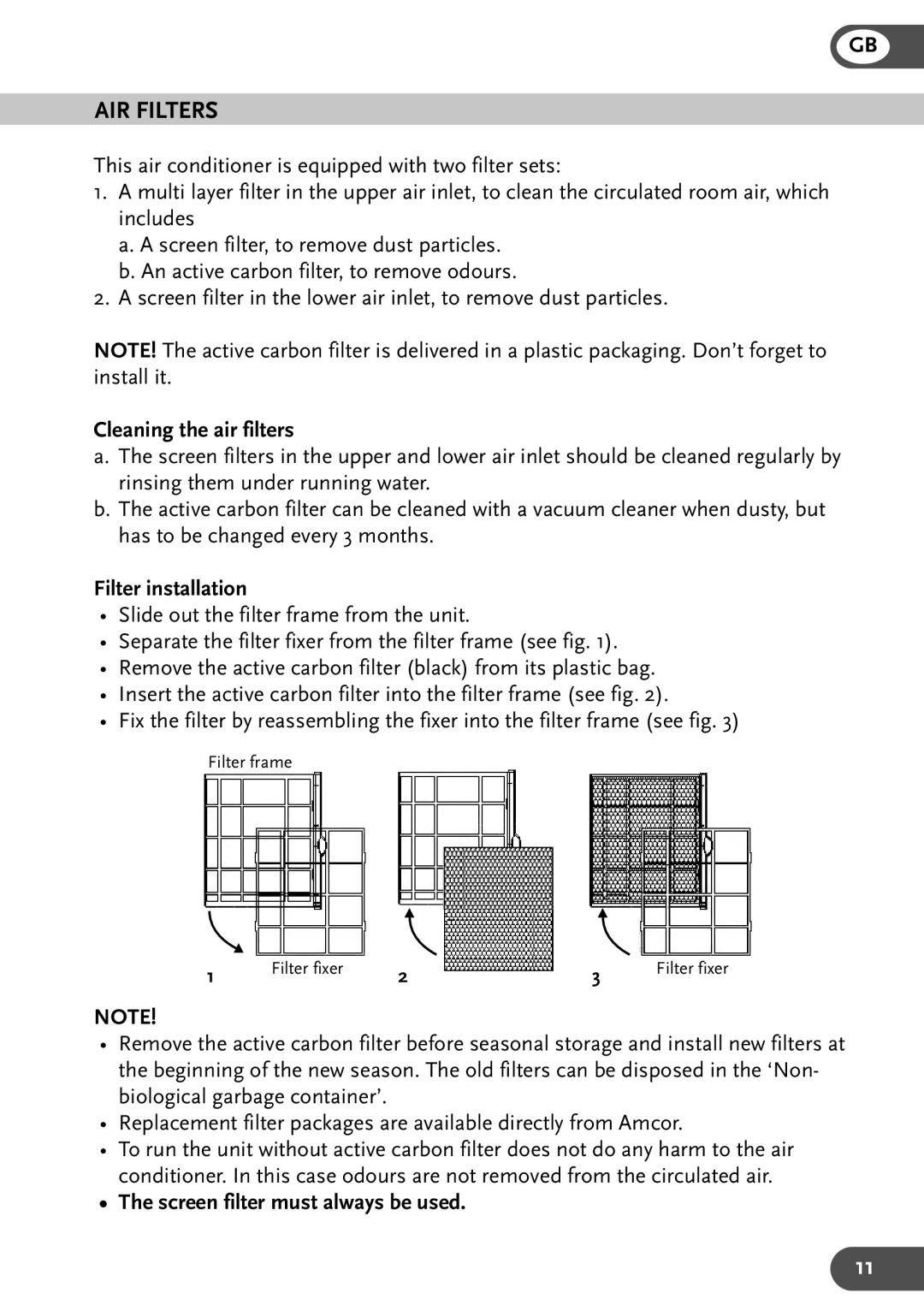 Amcor PCMA 9KE-410 AIR Filters, Cleaning the air filters, Filter installation, Screen filter must always be used 