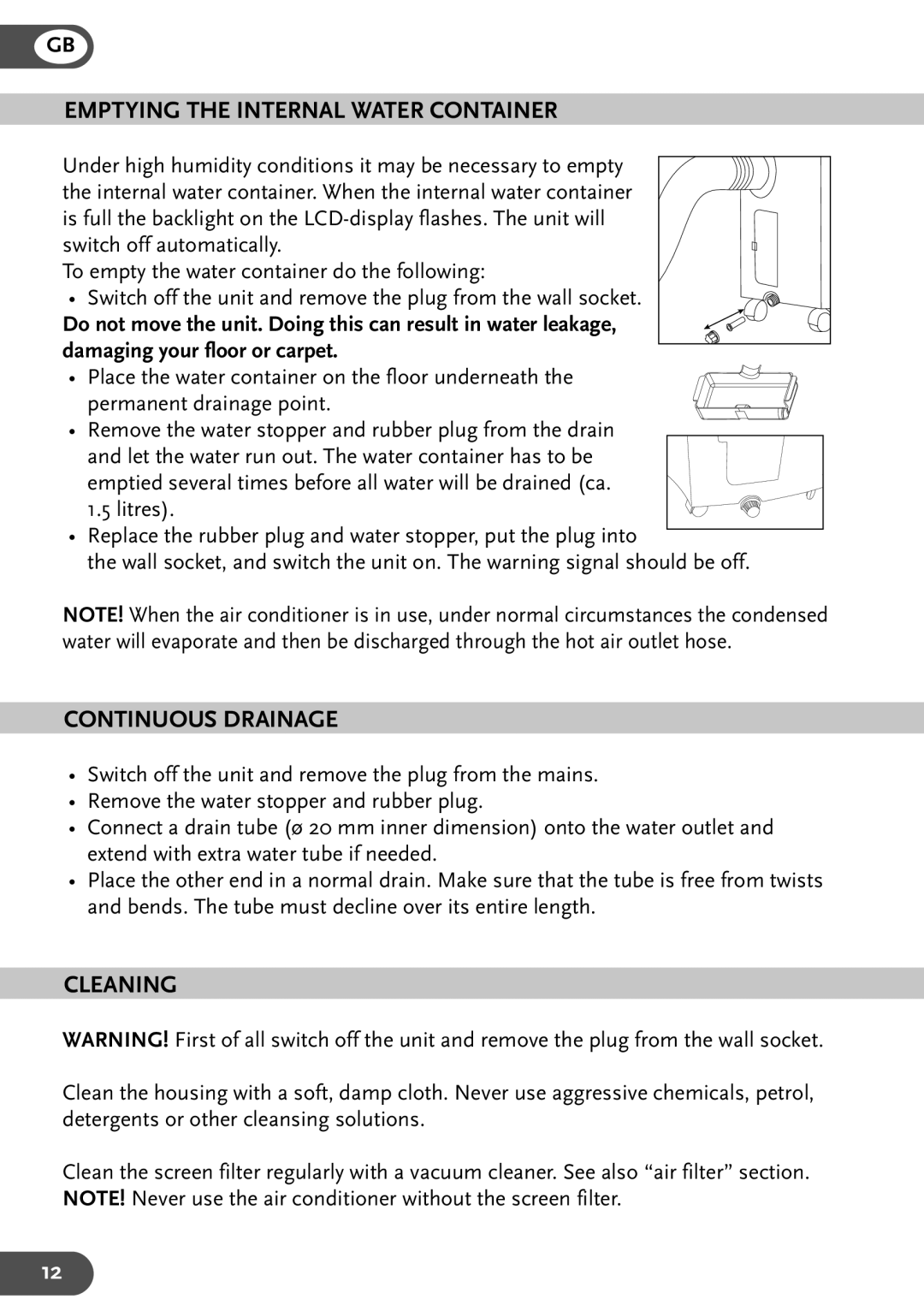 Amcor PCMA 12KE-410, PCMA 15KE-410, PCMA 9KE-410 Emptying the Internal Water Container, Continuous Drainage, Cleaning 