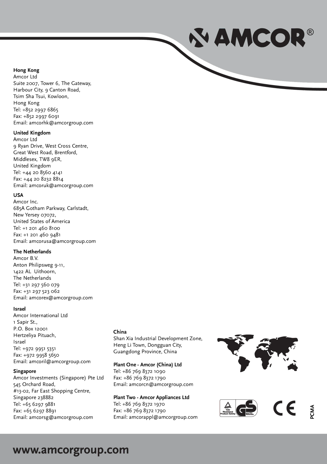 Amcor PCMA 12KE-410, PCMA 15KE-410, PCMA 9KE-410 user manual Hong Kong 