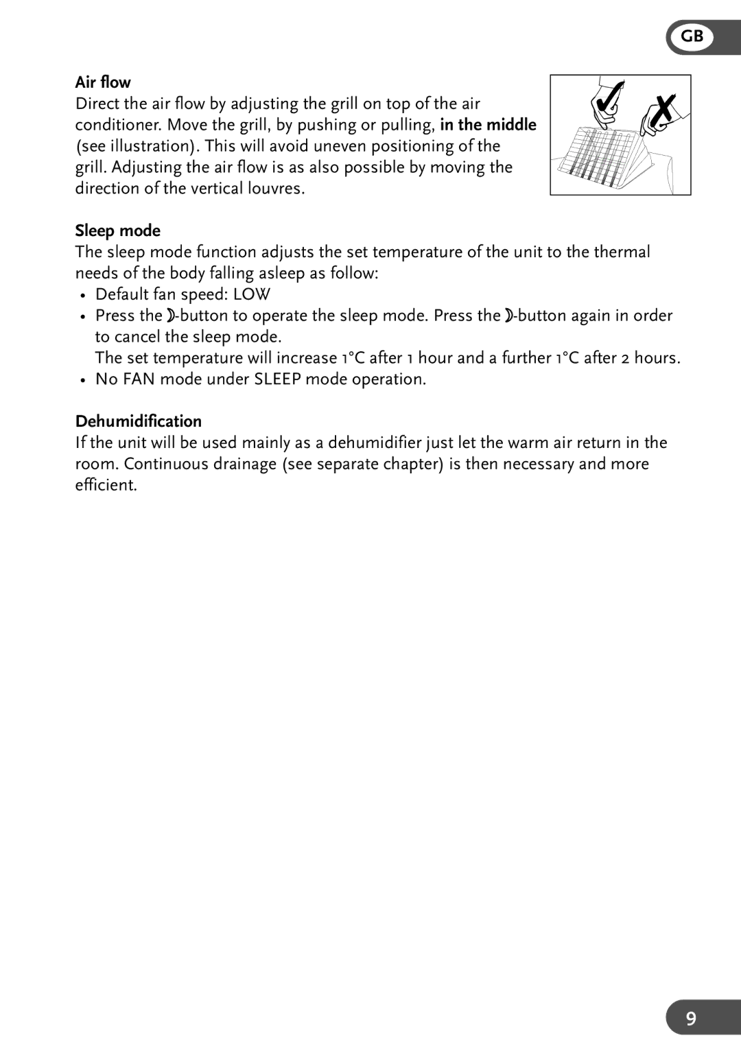 Amcor PCMA 12KE-410, PCMA 15KE-410, PCMA 9KE-410 user manual Air flow, Sleep mode, Dehumidification 