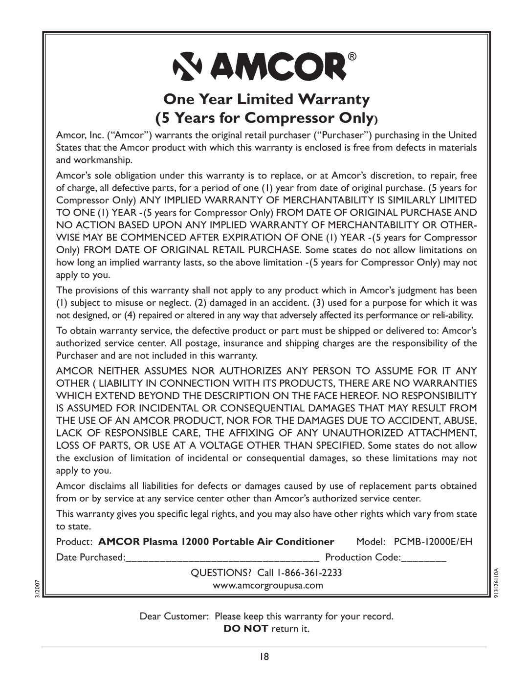 Amcor PCMB-12000EH owner manual One Year Limited Warranty 5 Years for Compressor Only 