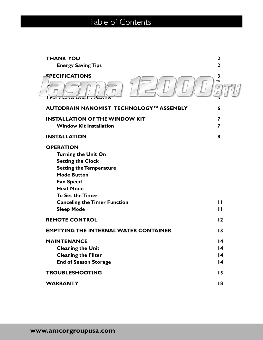 Amcor PCMB-12000EH owner manual Table of Contents 