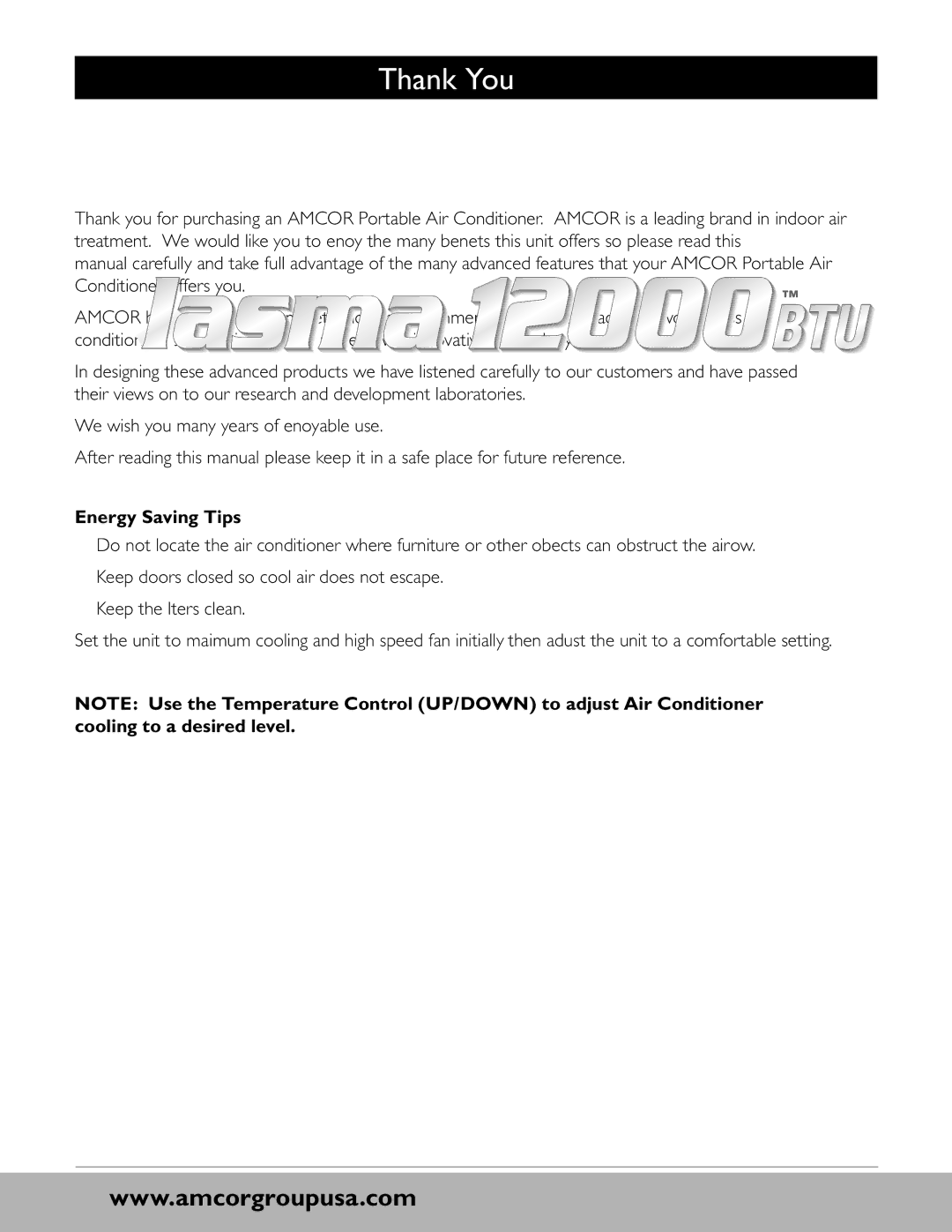 Amcor PCMB-12000EH owner manual Thank You, Energy Saving Tips 