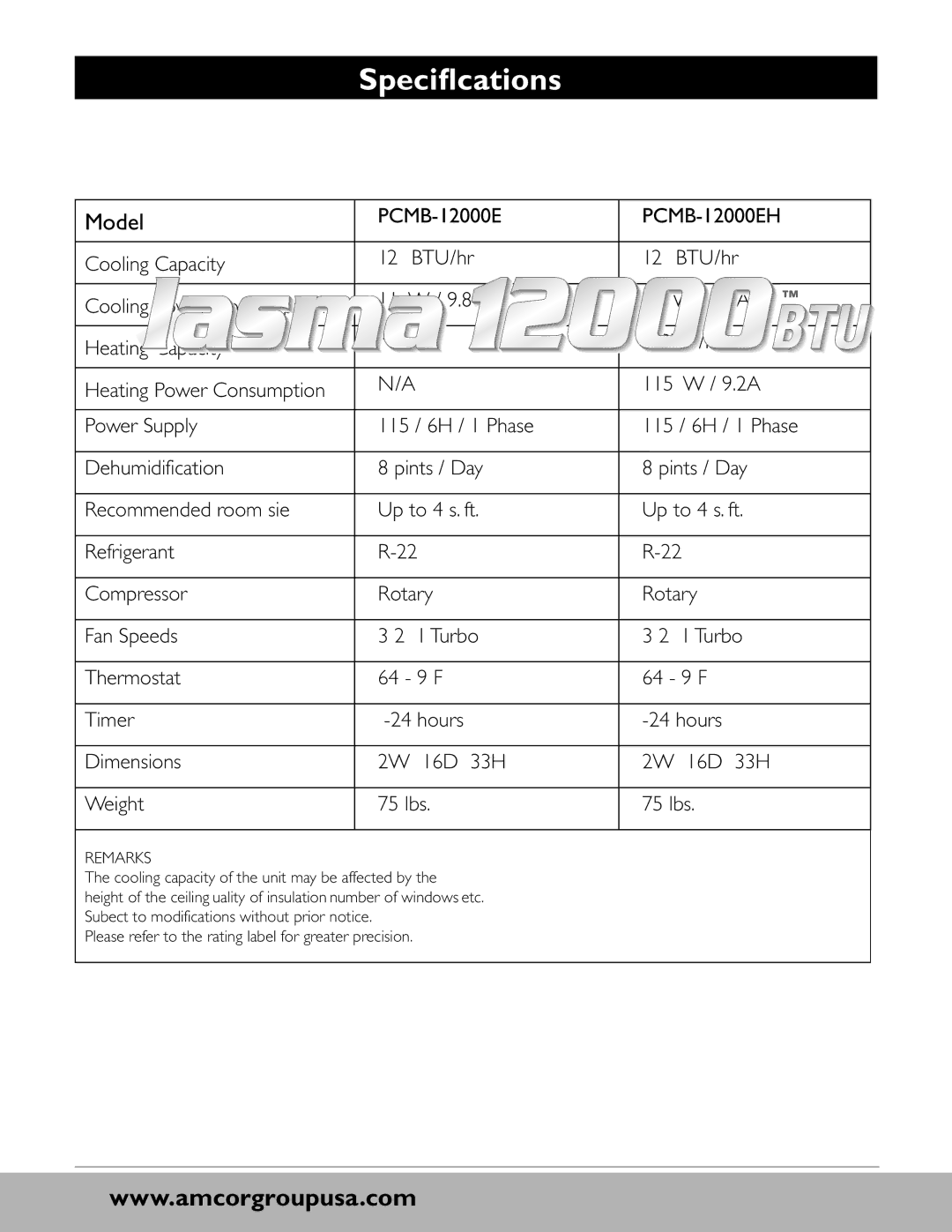 Amcor PCMB-12000EH owner manual Specifications, Model 