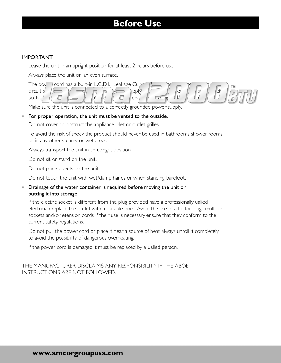 Amcor PCMB-12000EH owner manual Before Use, For proper operation, the unit must be vented to the outside 