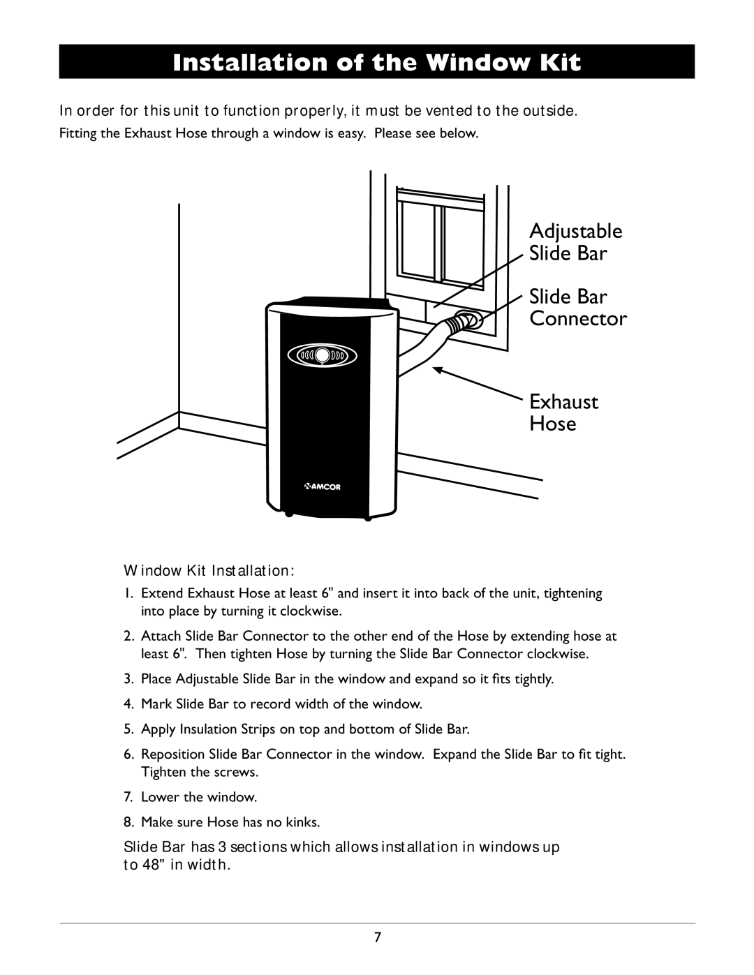 Amcor PCMB-12000EH owner manual Adjustable Slide Bar Connector Exhaust Hose, Window Kit Installation 