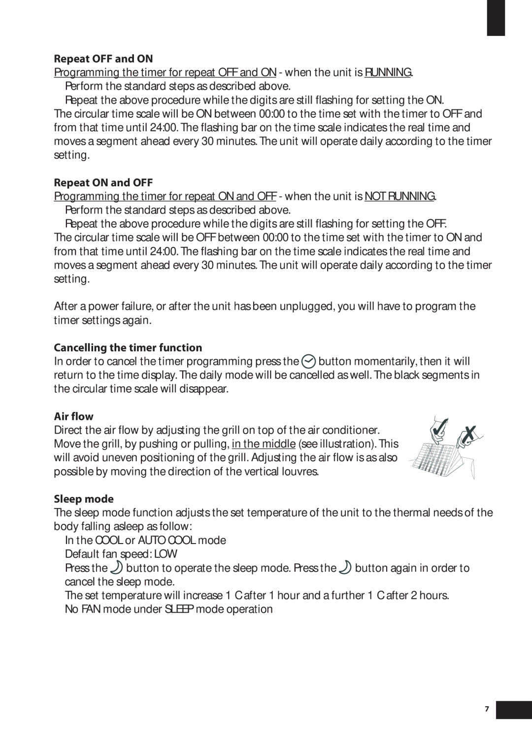 Amcor PLM 15000E, PLM 9000E Repeat OFF and on, Repeat on and OFF, Cancelling the timer function, Air flow, Sleep mode 