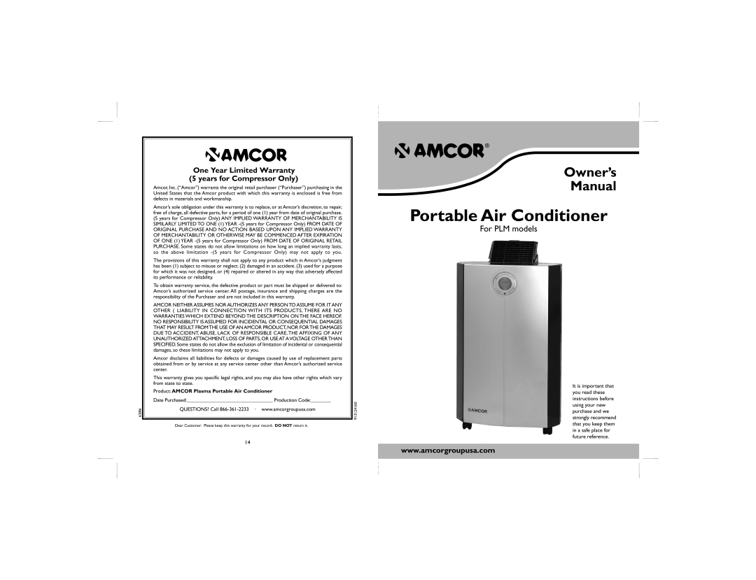 Amcor PLM owner manual Portable Air Conditioner 