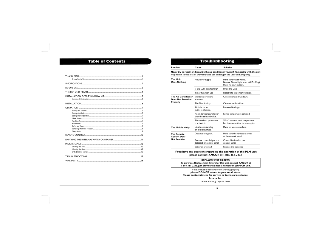 Amcor PLM owner manual Table of Contents, Troubleshooting 