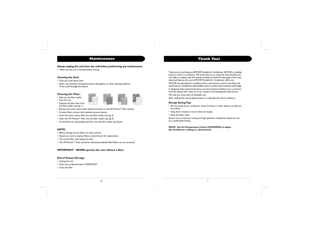 Amcor PLM owner manual Maintenance, Thank You, Cleaning the Unit, Cleaning the Filter, Energy Saving Tips 