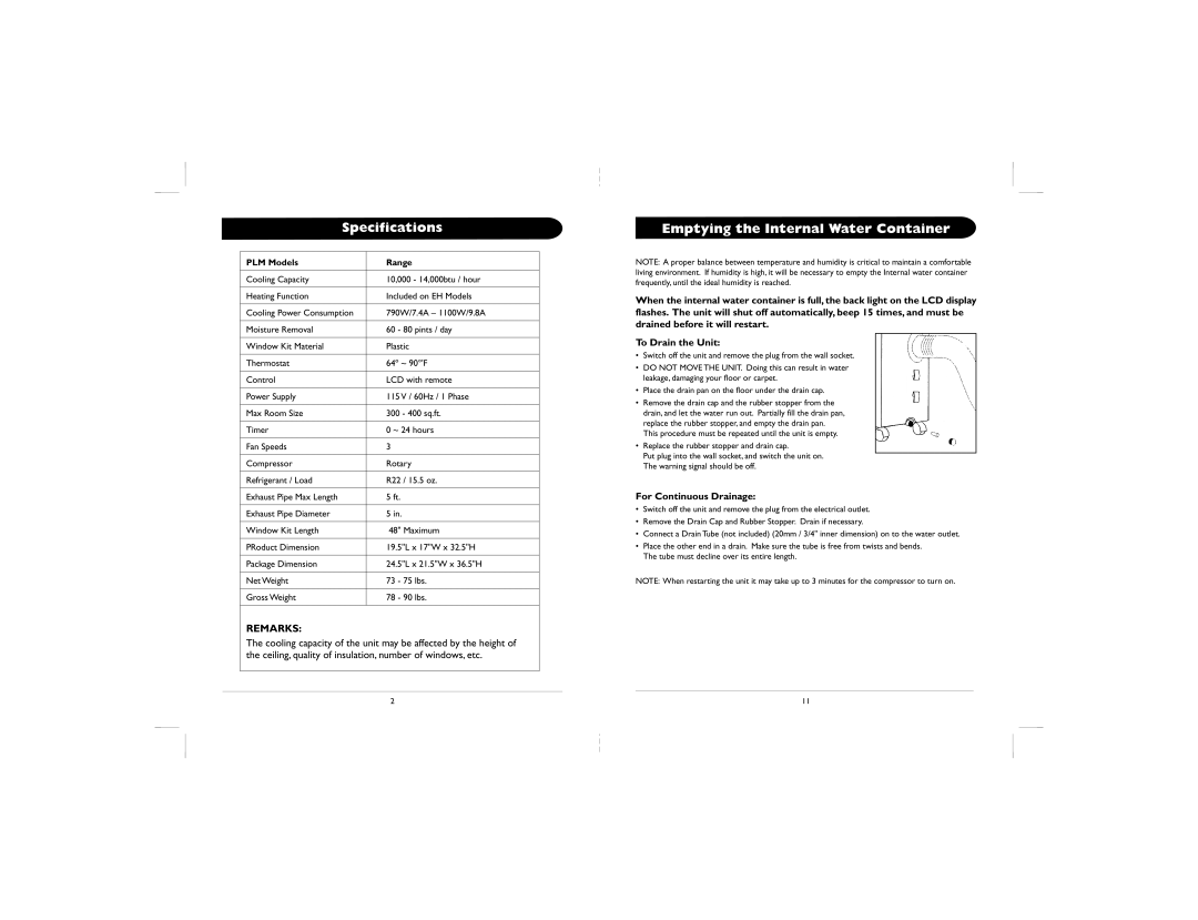 Amcor PLM owner manual Specifications, For Continuous Drainage 