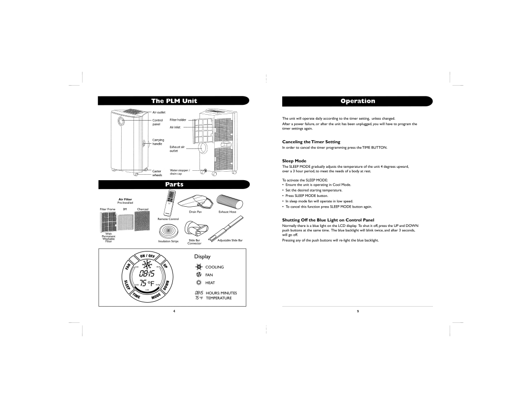 Amcor PLM Unit Parts, Operation, Canceling the Timer Setting, Sleep Mode, Shutting Off the Blue Light on Control Panel 