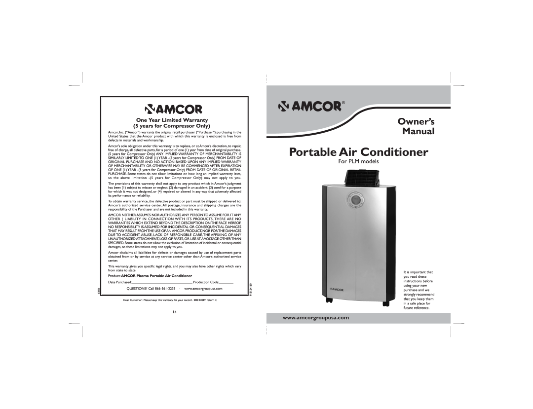 Amcor owner manual For PLM models, Product AMCOR Plasma Portable Air Conditioner 