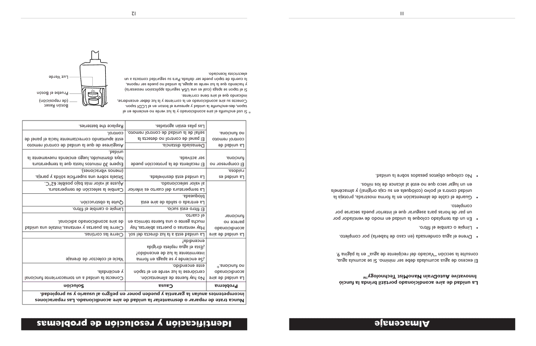 Amcor Portable Air Conditioner owner manual Problemas de resolución y caciónIdentiﬁ Almacenaje, Solución Causa Problema 